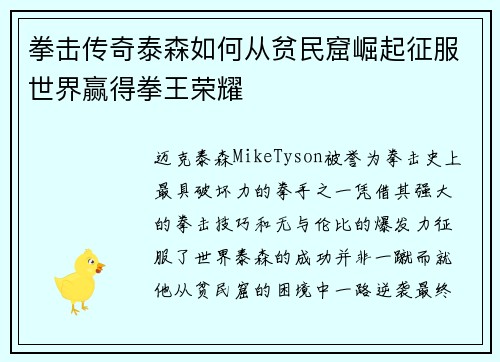 拳击传奇泰森如何从贫民窟崛起征服世界赢得拳王荣耀 拳击传奇泰森如何从贫民窟崛起征服世界赢得拳王荣耀